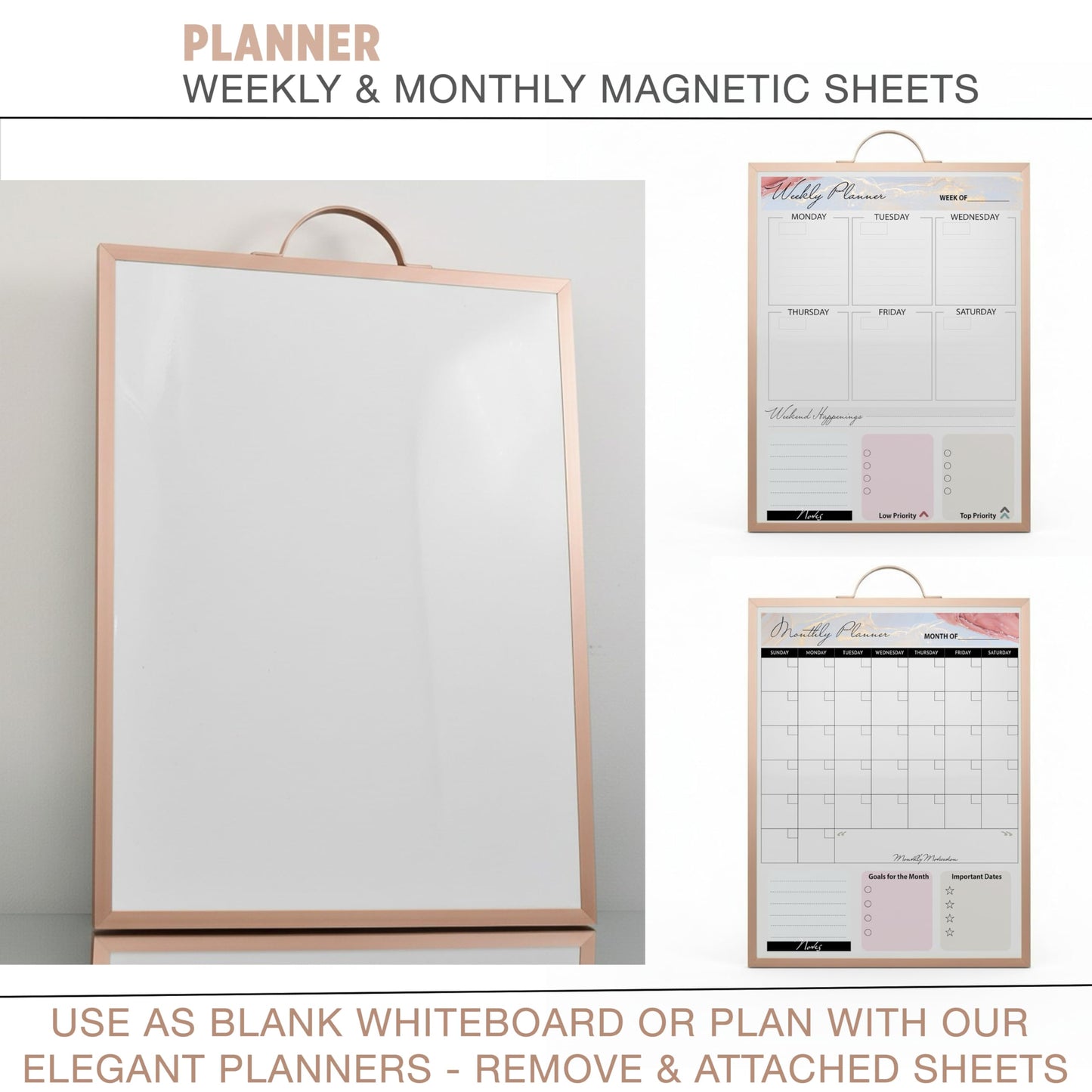 Lulu Office Magnetic Dry Erase Board 12x16 with Handle, Double Sided Portable Rose Gold Whiteboard for Home, Office, School & Kitchen, Includes Weekly & Monthly Magnetic Planner Sheets