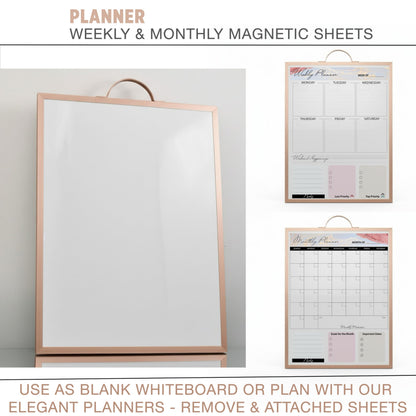 Lulu Office Magnetic Dry Erase Board 12x16 with Handle, Double Sided Portable Rose Gold Whiteboard for Home, Office, School & Kitchen, Includes Weekly & Monthly Magnetic Planner Sheets
