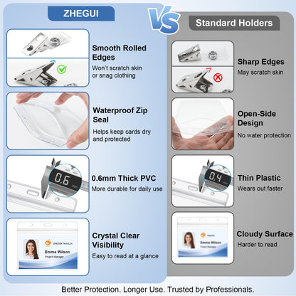 Clear Horizontal 4x3 Name Tag Holders 50 Pack with Metal Clips, Bulk Waterproof PVC ID Badge Holder, Plastic Name Badge Holders for Conferences, Trade Shows, Exhibitions and Company Events