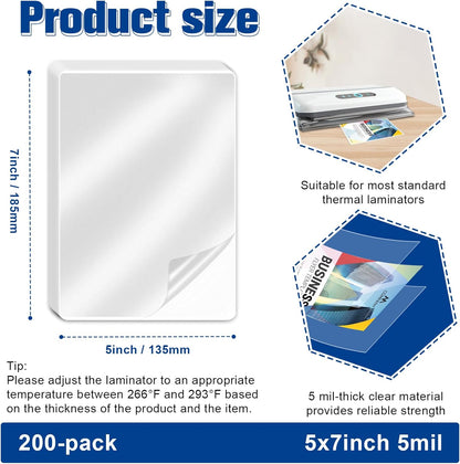 200 Pack 5mil 5“x7" Thermal Laminating Pouches Badge Laminate Pouches Clear Laminated Luggage Tags Printable Laminator Pouches for Business Permits Cards (200, 5.3"x7.3"-5mil)