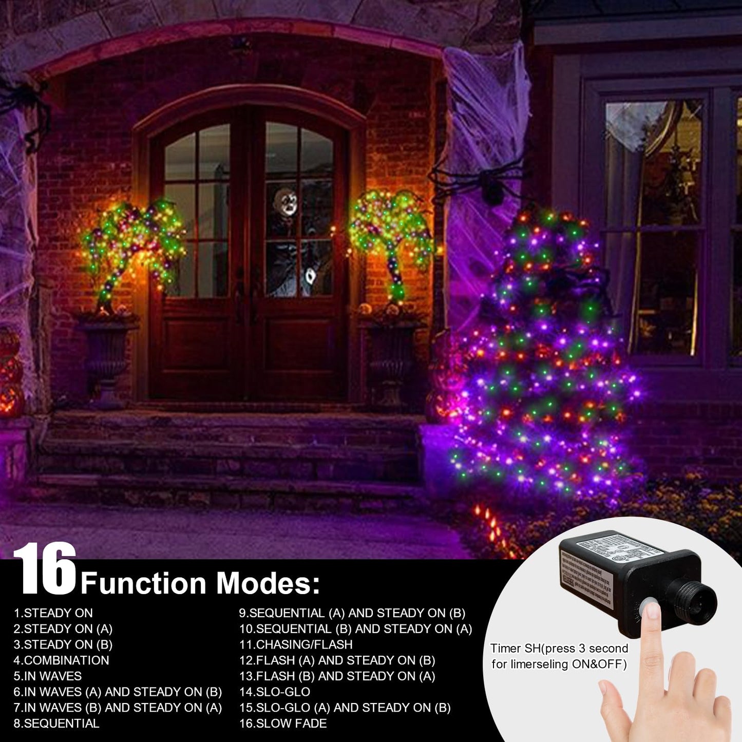 LAMPHOME 33ft Halloween Decorative Mini Lights, 100 LED Brown Wire Fairy Starry String Lights Plug in, 16Lighting Modes for Halloween Outdoor Party Decoration (Orange/Purple/Green)