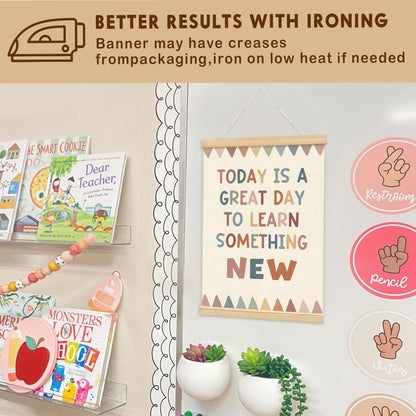 Lacama Boho Classroom Homeschool Wall Decor Today is a Great Day to Learn Something New Positive Affirmations Wall Hanging Poster Hanger Frame,Positive Affirmations Wall Decor for Homeschool Decor