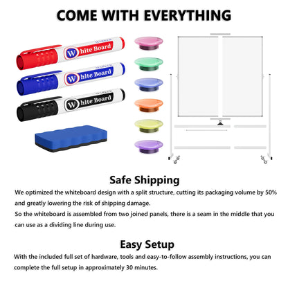 Large Rolling Whiteboard on Wheels, 48" x 48" Double-Sided Mobile White Board with Stand, 4' x 4' Portable Standing Magnetic Dry Erase Board Easel for Home Office Classroom School, Silver