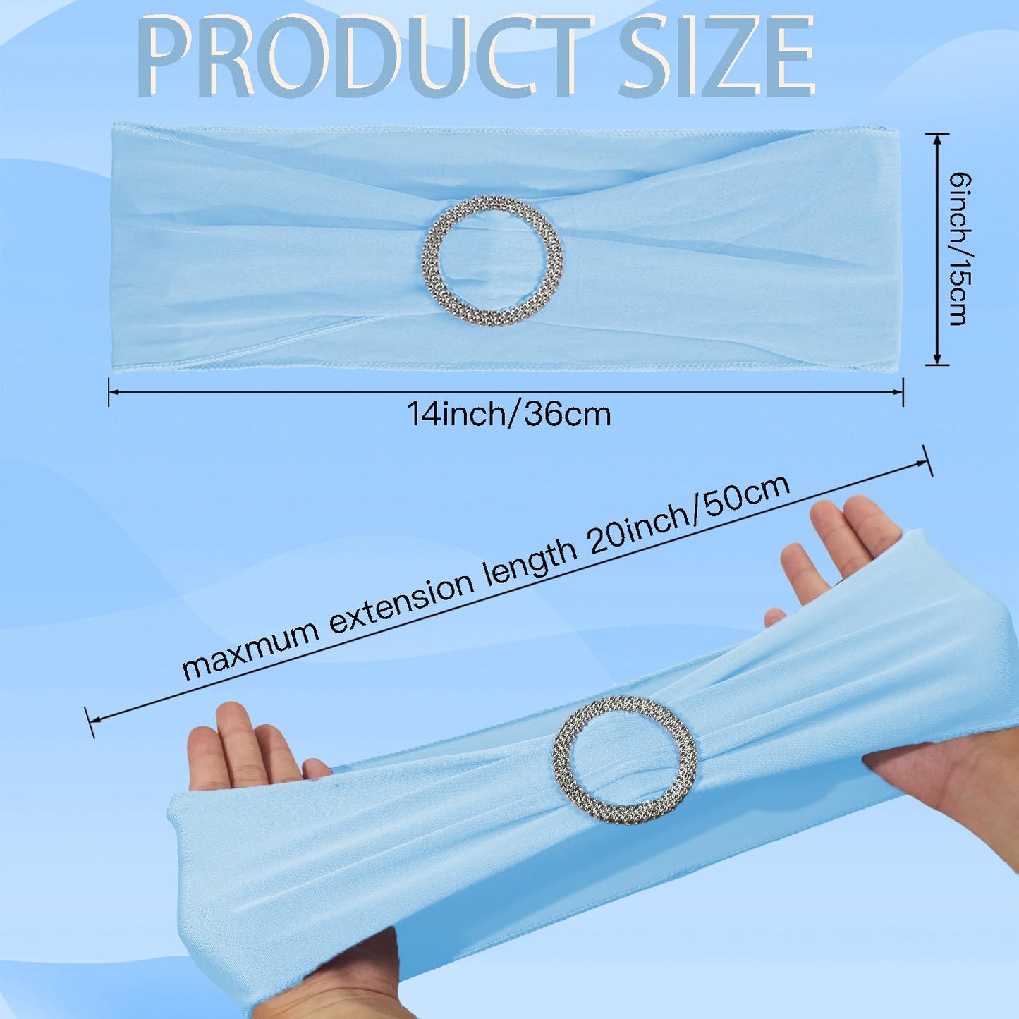 WJWHQ 100PCS Spandex Stretch Chair Sashes Bows Elastic Chair Cover Bands Ties with Buckle Slider for Wedding Party Reception Events Universal Ceremony Banquet Decorations(Baby Blue)