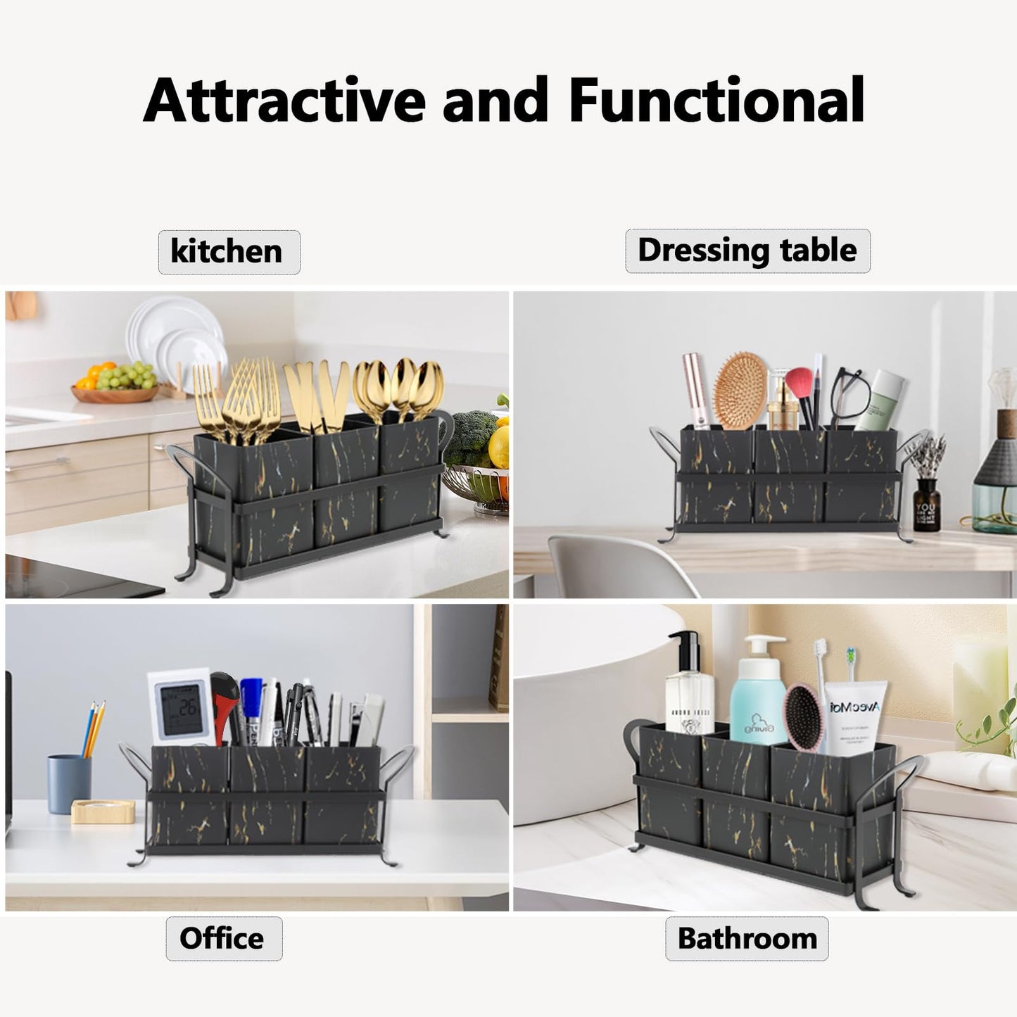 NelyBet Kitchen Utensil holder for Countertop, Silverware Caddy,Golden Marble Black Flatware Holder Utensil Cutlery Organizer for Party Gatherings, Metal and Durable Design