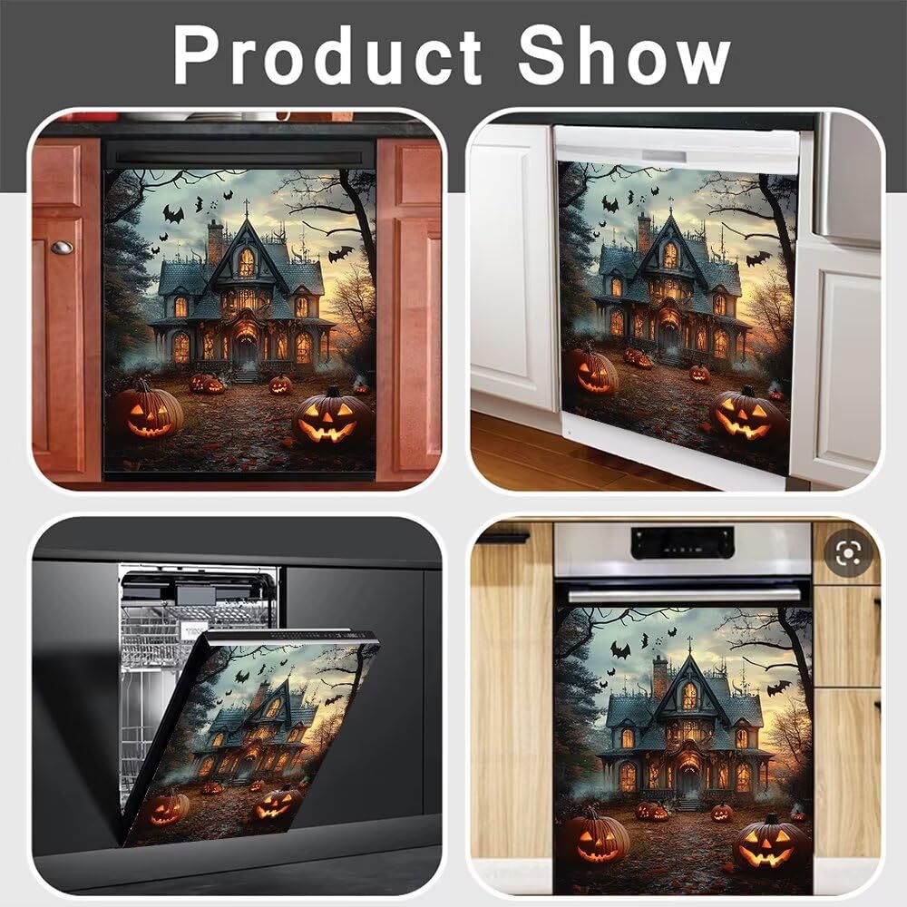 Haunted House Dishwasher Magnet Full Door Cover, Halloween Pumpkin Kitchen Decor Magnetic Dishwasher Cover Vinyl Decal, Happy Halloween Fridge Stickers Front Door Cover, Easy Update, 23Wx26H Inches