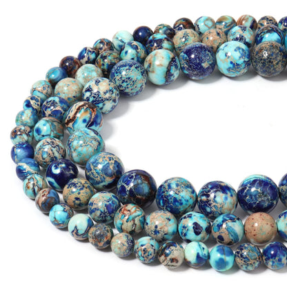 60pcs 6mm Natural Mixed Blue Imperial Jasper Gemstone Beads Energy Healing Crystal Round Loose Stone Beads for Jewelry Making, DIY Bracelets Necklaces
