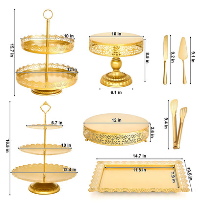 11 Pcs Gold Cake Stand Set for Wedding, Dessert Table Display Set for Birthday, Metal Square Serving Trays for Candy, Cupcake Pop Stand Holder Tower with Round Base for Celebration, The Platters for Party