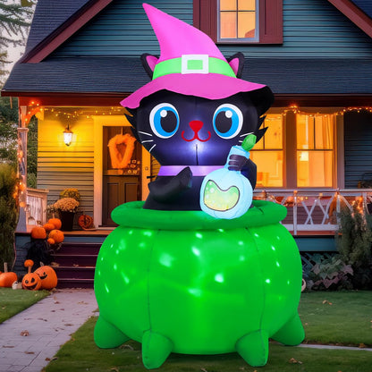 GOOSH 6 FT Halloween Inflatables Cat with Witch Cauldron Decoration Blow Up Yard Decoration with LED Lights Built-in for Holiday Lawn Party Yard Garden