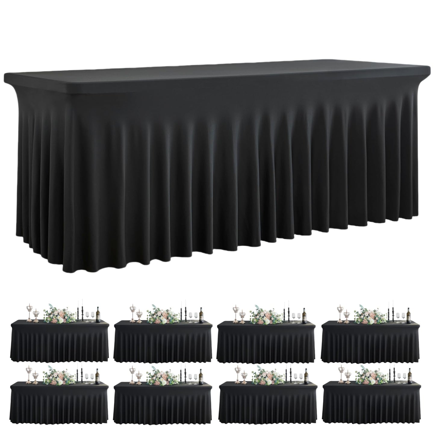Outpain Wrinkle Free Spandex Tablecloth for 6 Foot Rectangle Tables, 8 Pack Black Fitted Table Cloths 6ft Stretchy Banquet Table Clothes Cover Desk Skirt for Birthday Wedding Parties Baby Shower