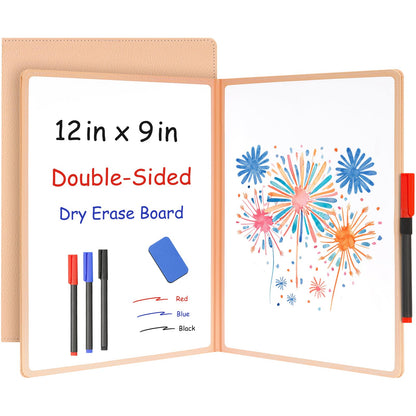 WALGLASS Double-Sided Small White Board Dry Erase, 12'' x 9'' Portable Reusable Whiteboard Notebook, Foldable Mini Handheld Board for Students Practice, Home, School, Office, Travel - Pink PU Leather