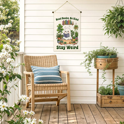 JQYCJTR Read Books Be Kind Stay Weird Garden Flag Double Sided Yard Outdoor Decoration 12x18 Inch, Reading Cute Ghost Outdoor Yard Garden Flag, Plant Lover Home Decor Banner, Gifts for Book Lovers