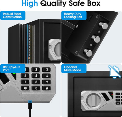 1.3 Cu Ft Small Fireproof Home Safe Box - External Type-C Backup, Steel Security Combination Key Lock Box with Removable Shelf, Safety Box for Document Jewelry Money