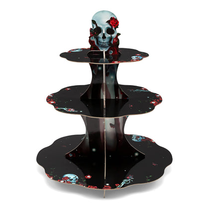 Cheerland Halloween Cupcake Stand Black Red Skeleton Birthday Party Decorations Rose Skull Party Decoration Goth Birthday Decor Spooky Skeleton Gothic Halloween Wedding Decorations