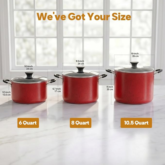Cook N Home Professional 8 Quart Non Stick Stock Pot with Lid, Riveted Handles, Big Soup Pot for Holiday Feasts, Stockpot with Even Heating, Induction Cookware, Oven & Dishwasher Safe, Marble Red