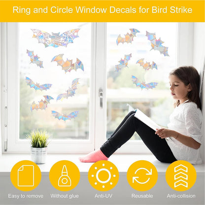 Shawula 15PCS Bat Window Clings - Anti-Collision Decals to Save Birds from Collisions,Non Adhesive Prismatic Vinyl Clings, Rainbow Stickers