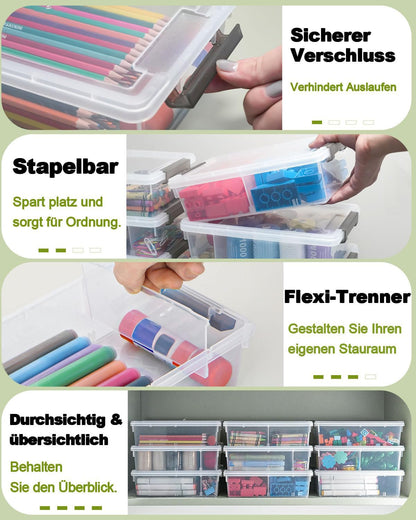 GEOPHIA 12 Pack Extra Large Pencil Box with Removable Divider, Thickened Pencil Case Bulk, Clear Crayon Marker Organizer Stackable Plastic Small Storage Containers for Pen Craft School Supplies, Multi