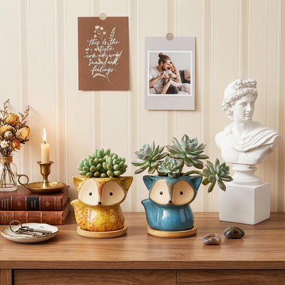 Dicunoy 6 Pack Mini Animal Succulent Planters with Bamboo Tray, 4" Ceramic Fox Flower Pots with Drainage Hole, Cute Cactus Planter for Indoor Plants, Home, Office, Window Decoration
