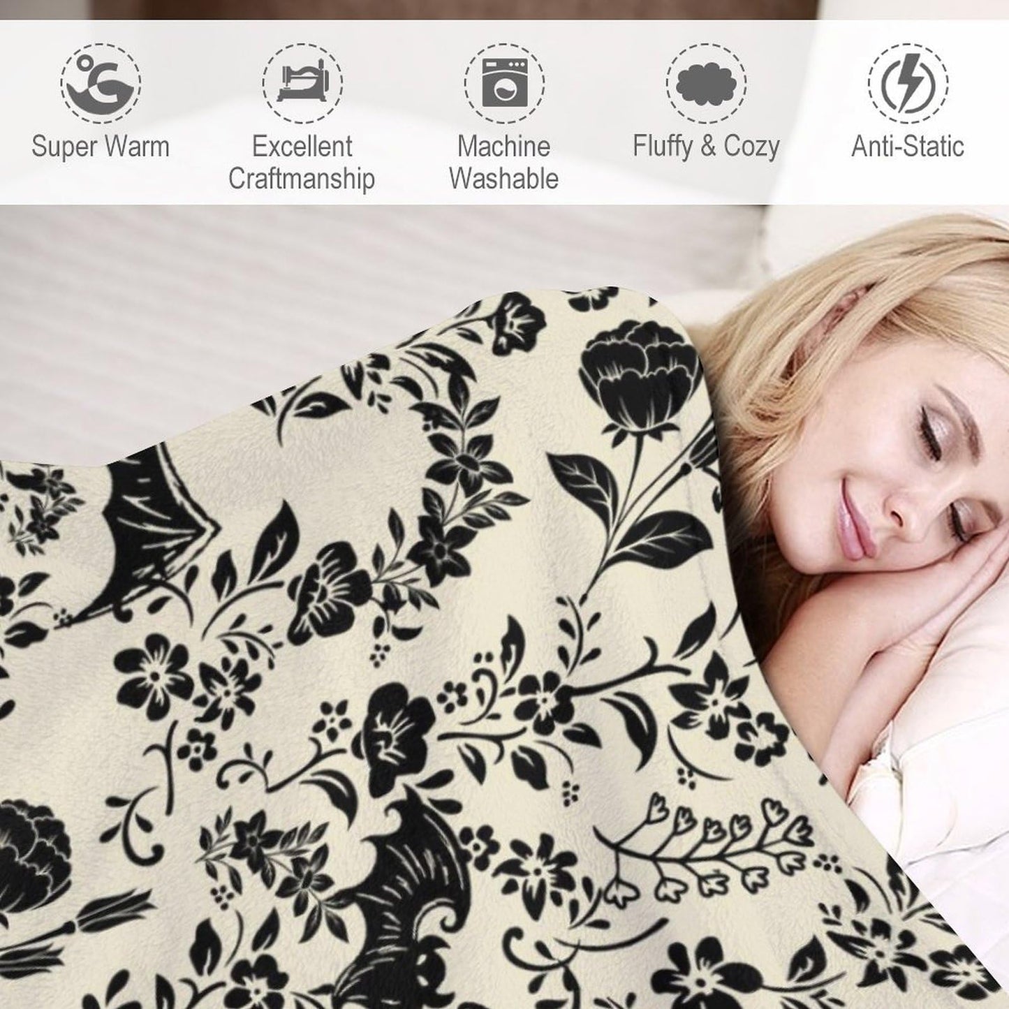 Bat Flower Throw Blanket for Teens Boys Girls and Adults Soft Warm Cozy Funny Midweight Food Flannel Blankets for Couch Sofa Bed Camping Travel Home Decor 40" X 50"
