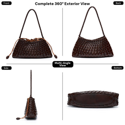 YDF Small Woven Purse for Women, Vegan Leather Shoulder Bag, Slouchy Tote Bag with Inner Drawstring Pouch, Underarm Handbag- Dark Brown