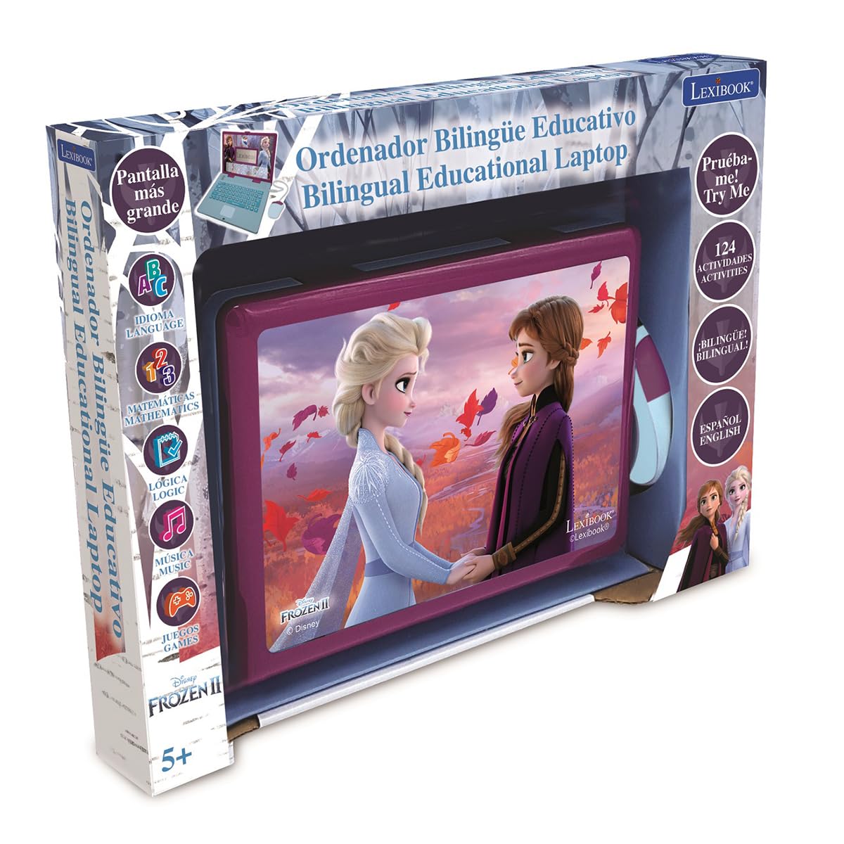 LEXiBOOK Disney Frozen 2 - Educational and Bilingual Laptop Spanish/English - Girls Toy with 124 Activities to Learn, Play Games and Music with Elsa & Anna - Blue/Purple, JC598FZi2