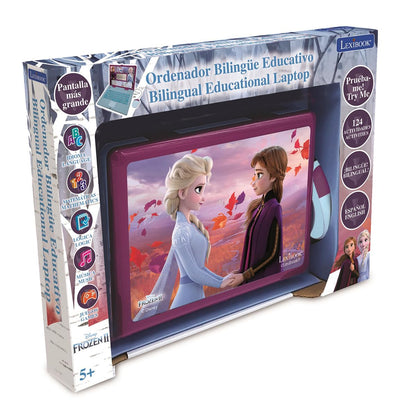 LEXiBOOK Disney Frozen 2 - Educational and Bilingual Laptop Spanish/English - Girls Toy with 124 Activities to Learn, Play Games and Music with Elsa & Anna - Blue/Purple, JC598FZi2