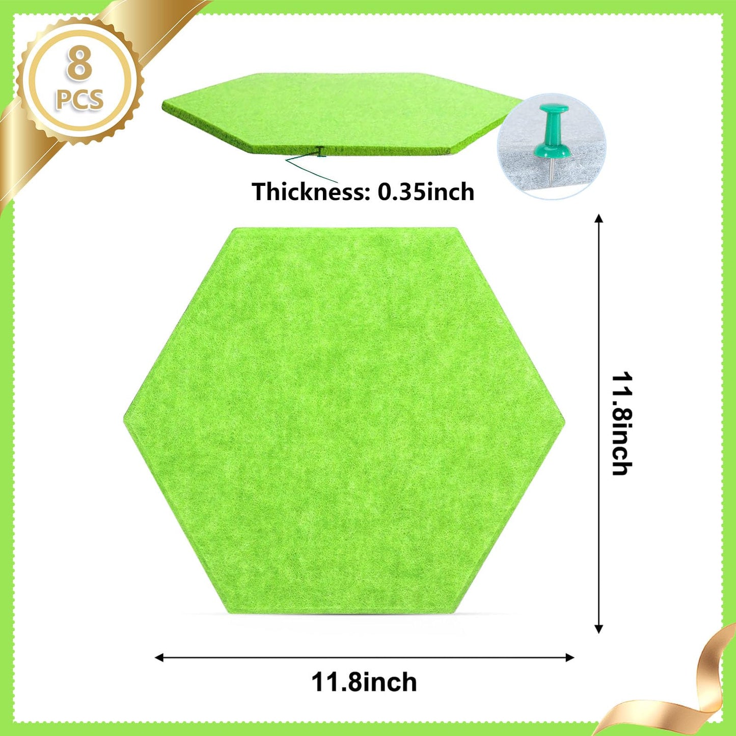 8 Packs Green Hexagon Felt Pin Board, 12" Bulletin Board with 30 Push Pins, Felt Board for Home Kitchen Office Decor, Self-Adhesive Corkboard Tiles for Walls School Message Photos Memos