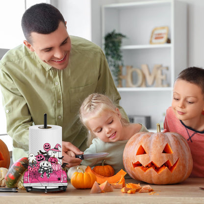 Whaline Pink Halloween Paper Towel Holder Pumpkin Ghost Truck Metal Towel Stand Trick or Treat Decoration Accessory for Holiday Party Home Kitchen Countertop
