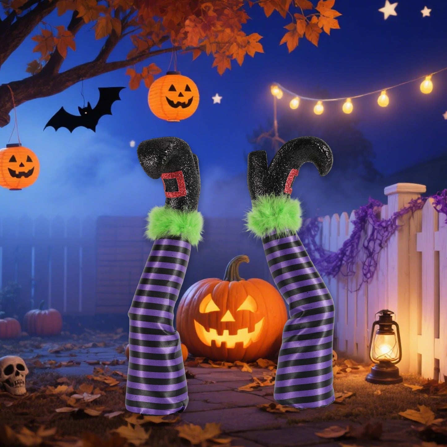 Fukaisu 2 Pcs Halloween Witch Leg Decorations with 2 Rods, Upside Down 3D Witch Legs Garden Stake Boots Decor with Purple Stripes for Lawn Garden & Indoor Halloween Shoes Decorations ﻿