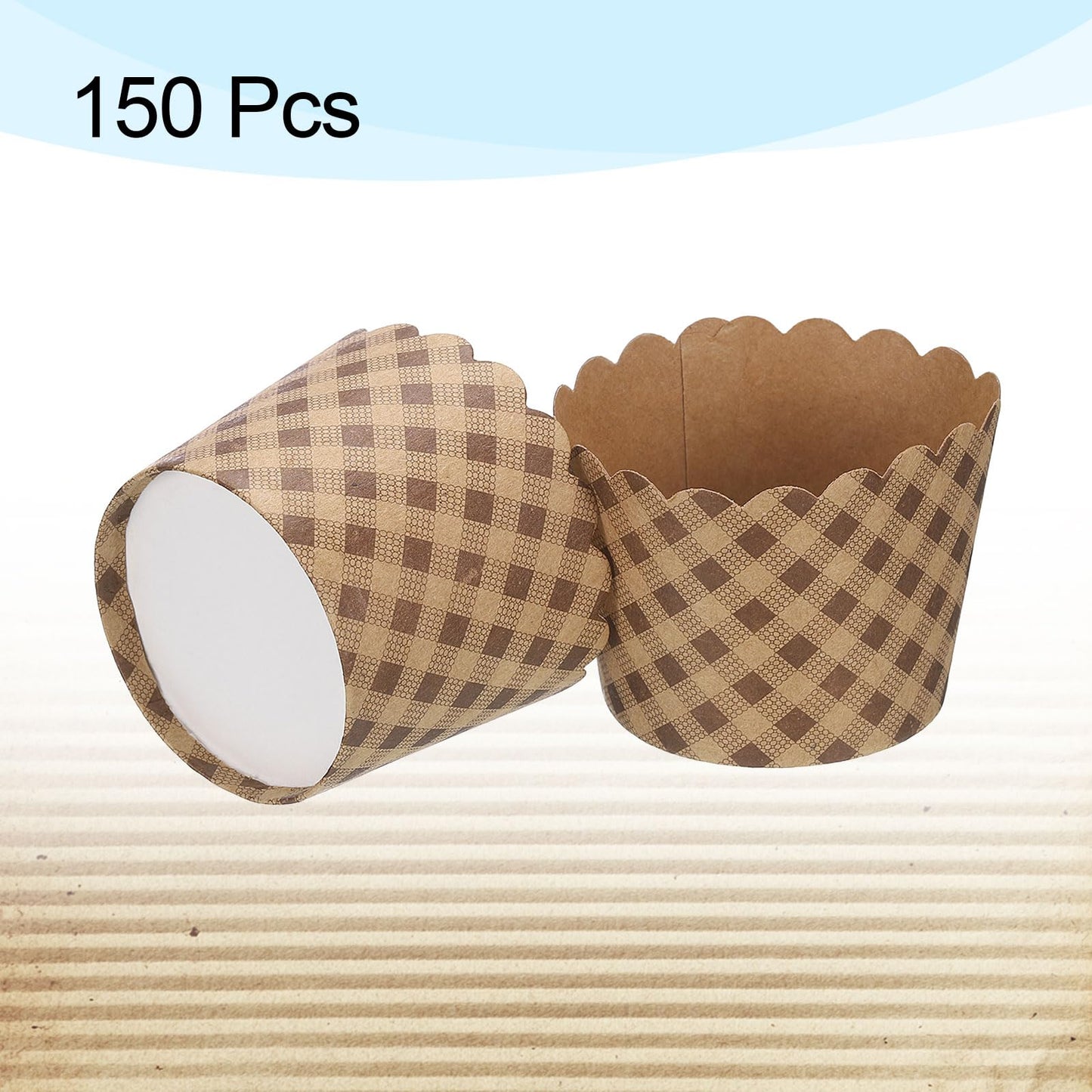 HARFINGTON 150Pcs Paper Baking Cups Small Brown Kraft Paper Muffins Liner Cupcake Greaseproof Disposable Bulk Wrappers for Wedding Birthday Graduation, Plaid
