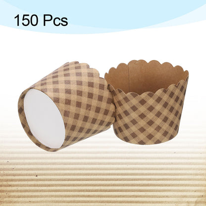 HARFINGTON 150Pcs Paper Baking Cups Small Brown Kraft Paper Muffins Liner Cupcake Greaseproof Disposable Bulk Wrappers for Wedding Birthday Graduation, Plaid