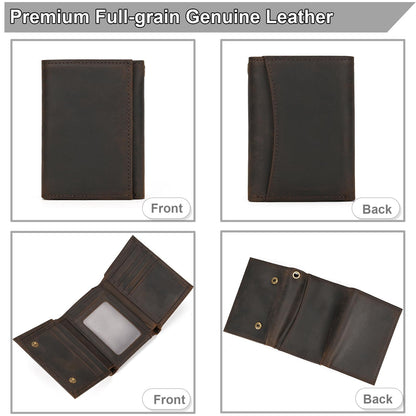 Yevabo Men's Full Grain Leather Trifold Wallet with Chain - Vintage Full Grain Leather Short Purse for Men with Multi-Card Slots, ID Window, Key Holder, Dark Brown