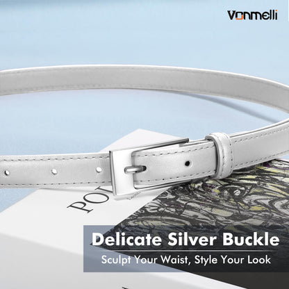 VONMELLI Thin Belts for Women Skinny Leather Sliver Belt Women for Dress Jeans Fashion Waist Belt with Sliver Buckle, S