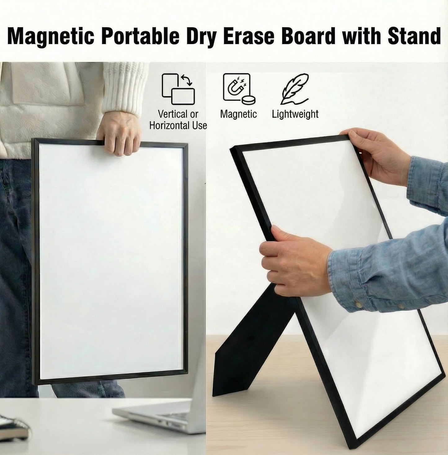 Lulu Office Magnetic Dry Erase Board 12x16 with Foldable Stand, Portable Black Desktop Whiteboard for Home, Office, School & Kitchen, Includes Weekly & Monthly Magnetic Planner Sheets