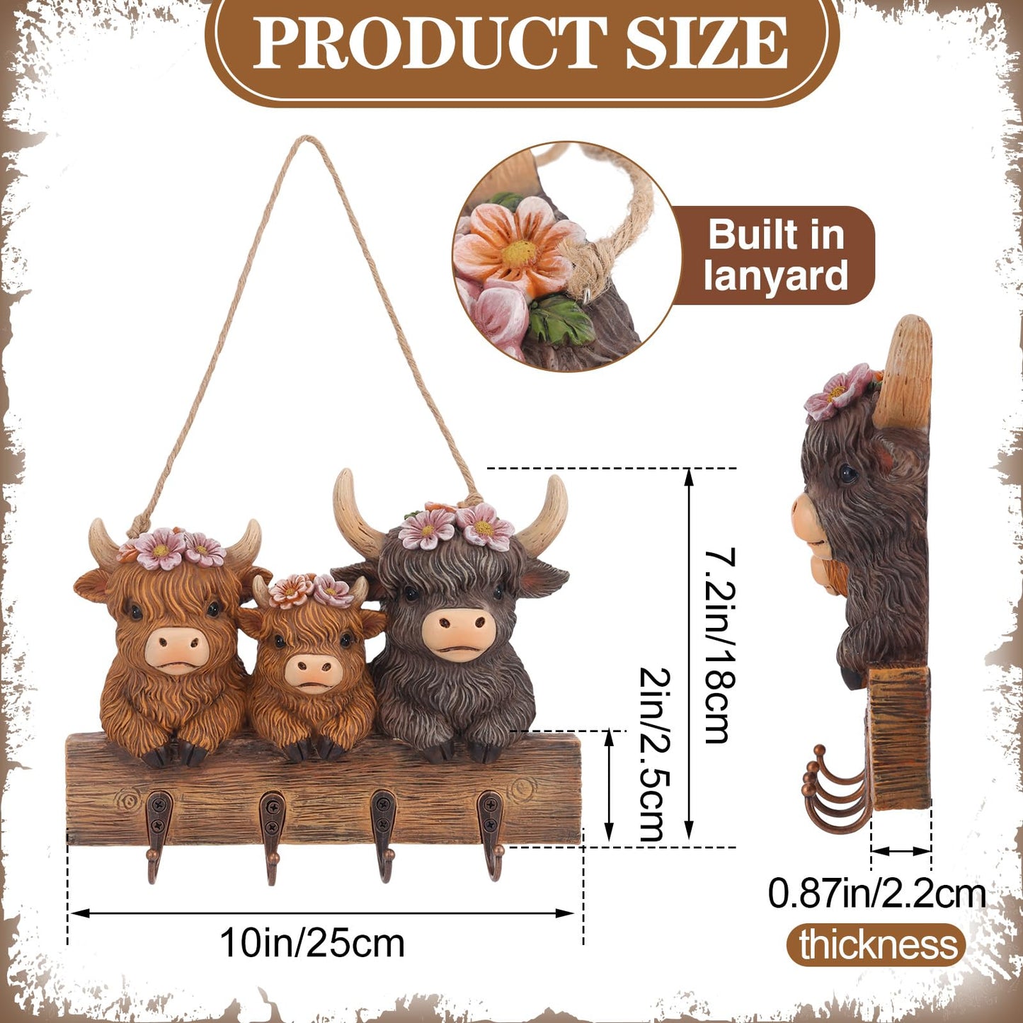 3D Highland Cow Key Holder Wall Mount, Rustic Farmhouse Key Hooks with 4 Metal Hooks, Decorative Resin Highland Cow Figurine Hanging Organizer Home Decor for Entryway Office Hallway and Living Room
