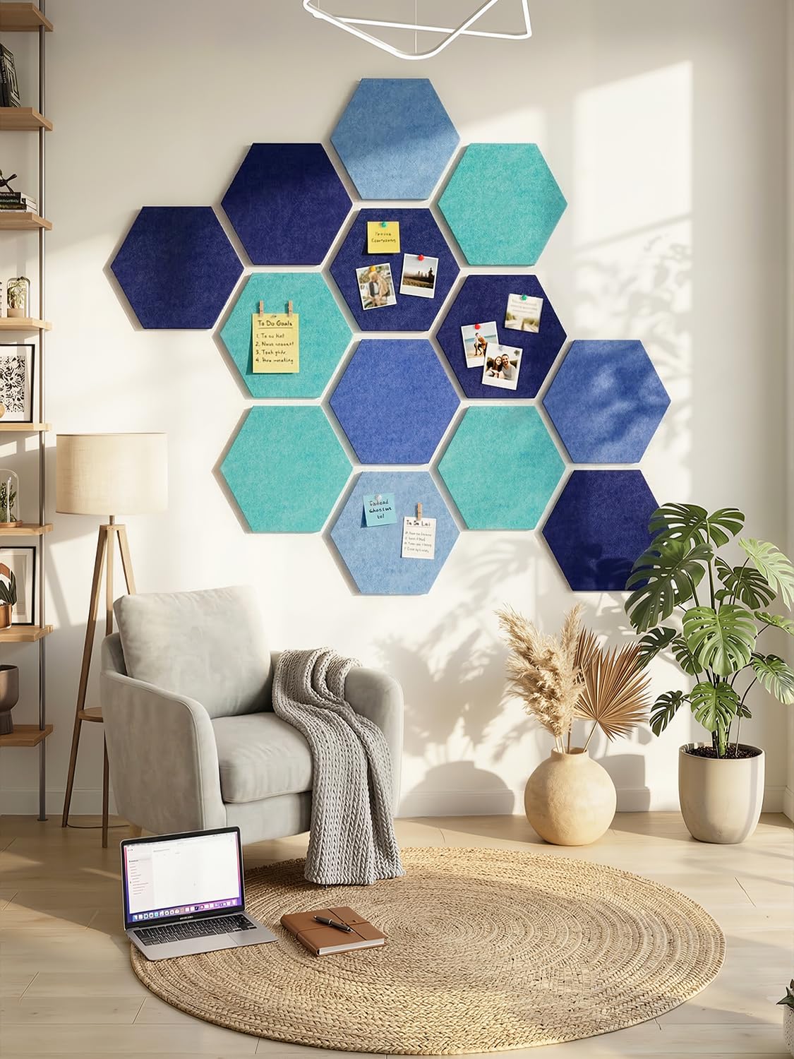 8 Pack Hexagon Felt Bulletin Board Tiles - 12 Inch Large Thick Pinboard for Walls with 30 Push Pins, DIY Panels for Home Office Decor, Aesthetic Hex Corkboard Alternative