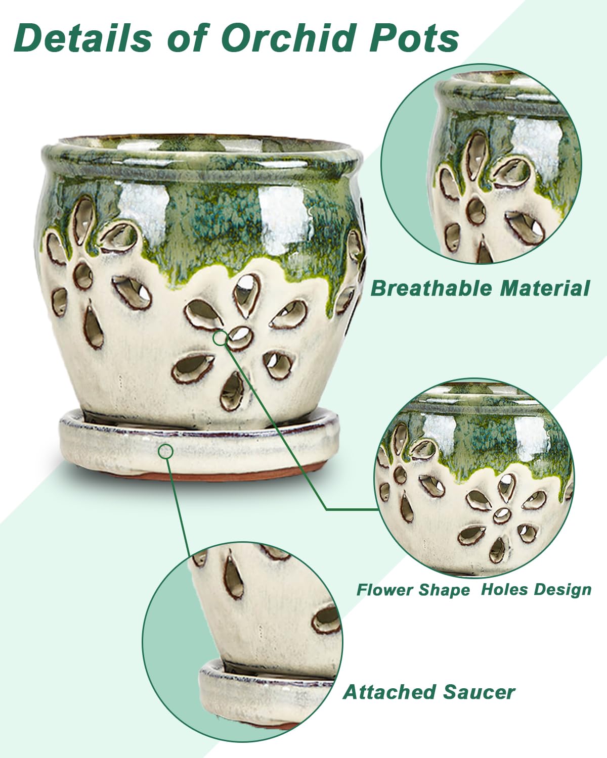 vensovo 4 Inch Ceramic Orchid Pots with Drainage Holes and Saucers, 2 Pcs Small Planters for Orchids Succulents, Indoor Outdoor Ceramic Flower Pots for Healthy Root Growth (Olive Green, Green Mixed)
