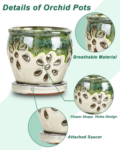 vensovo 4 Inch Ceramic Orchid Pots with Drainage Holes and Saucers, 2 Pcs Small Planters for Orchids Succulents, Indoor Outdoor Ceramic Flower Pots for Healthy Root Growth (Olive Green, Green Mixed)