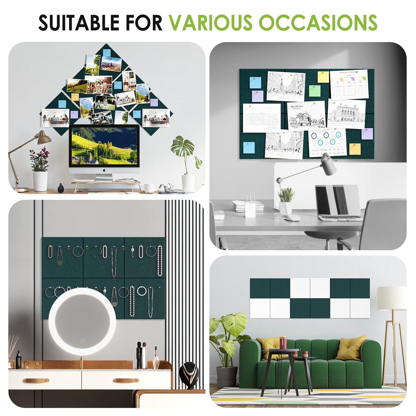MaxGear Large Cork Board for Wall 36" x 24", Dark Green Bulletin Board, 6 Pack Felt Wall Tiles with Pushpins, Cork Boards for Office Push Pin Board Tack Board Felt Board