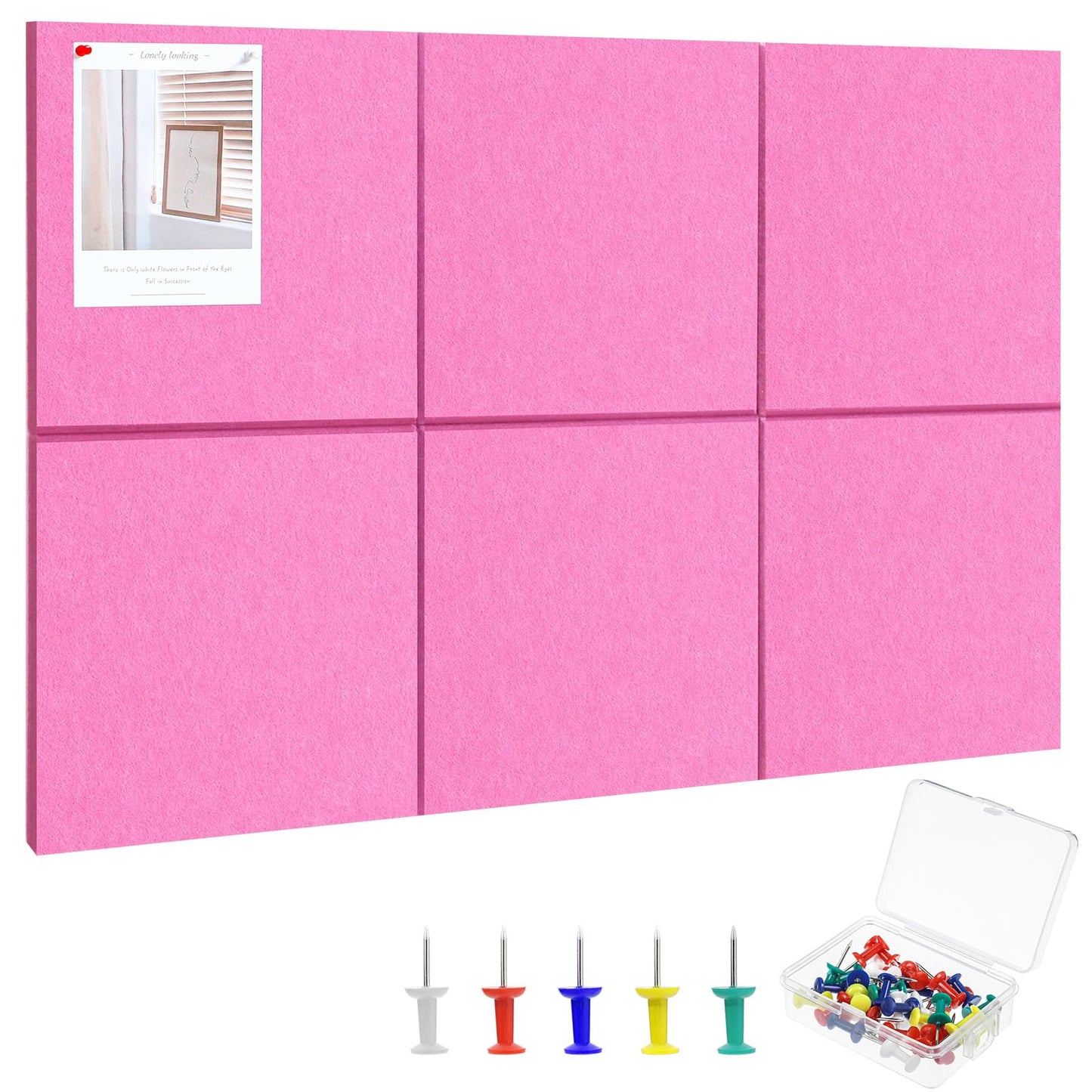 Large Cork Board 36" x 24", 6 Pack Felt Bulletin Board with 30 Pushpins, Cork Boards Alternative with Self-Adhesive Strips, Felt Wall Tiles Pin Boards for Walls Office Home School Decor-Hot Pink