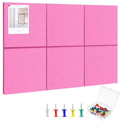 Large Cork Board 36" x 24", 6 Pack Felt Bulletin Board with 30 Pushpins, Cork Boards Alternative with Self-Adhesive Strips, Felt Wall Tiles Pin Boards for Walls Office Home School Decor-Hot Pink