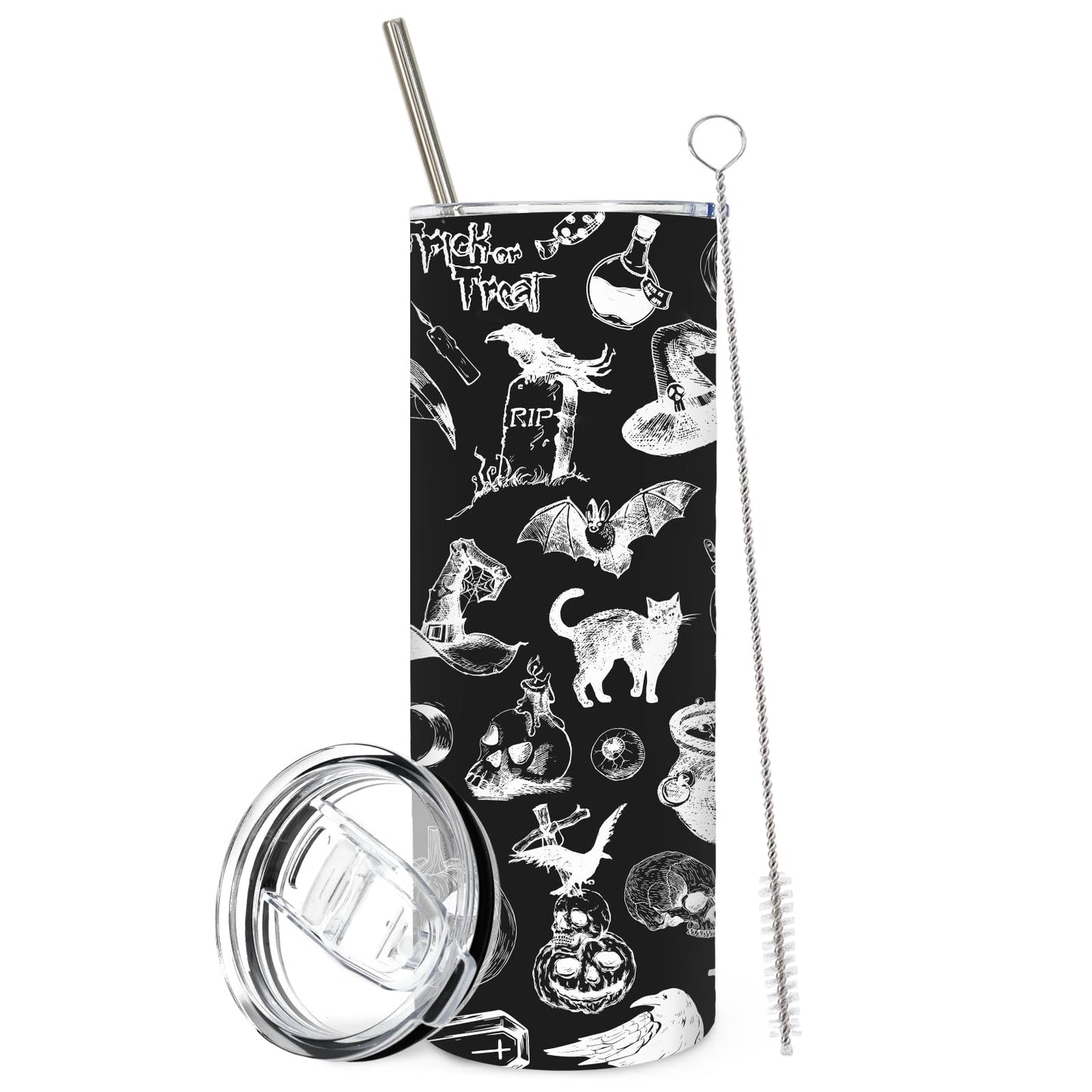 Whaline Halloween Tumbler with Lid and Straw Black White Cat Crow Stainless Steel Cup Gothic Tumbler Cup for Travel Holiday Birthday Party Gift, 20 Oz