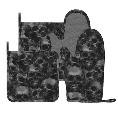 Scary Skull Halloween Horror Oven Mitts And Pot Holders Set Of 4 Silicone Heat Resistant Oven Mitten Potholders Non Slip Gloves Kitchen Decor For Bbq Cooking Grilling Baking