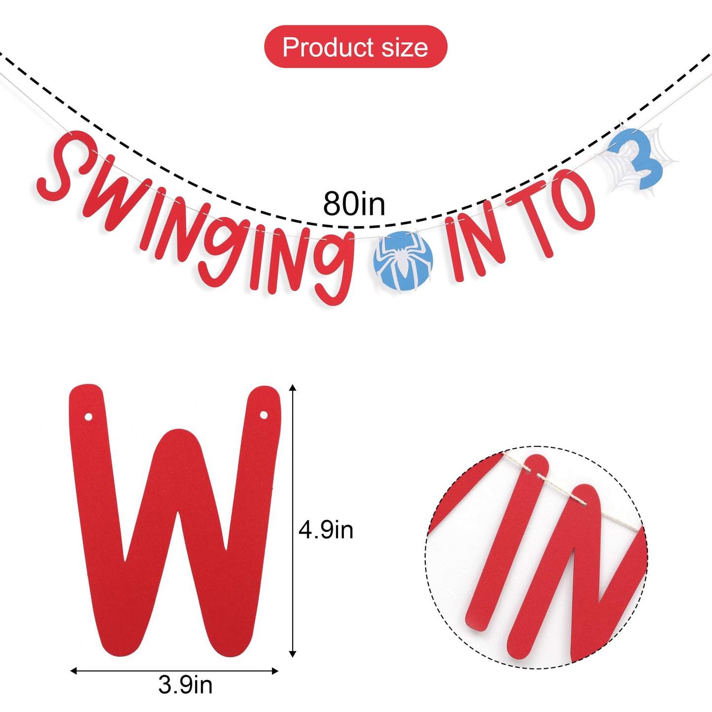 Spider 3rd Birthday Banner - Swinging into 3 Banner, Spider Birthday Decorations for Kids, Boys Third Bday Decor
