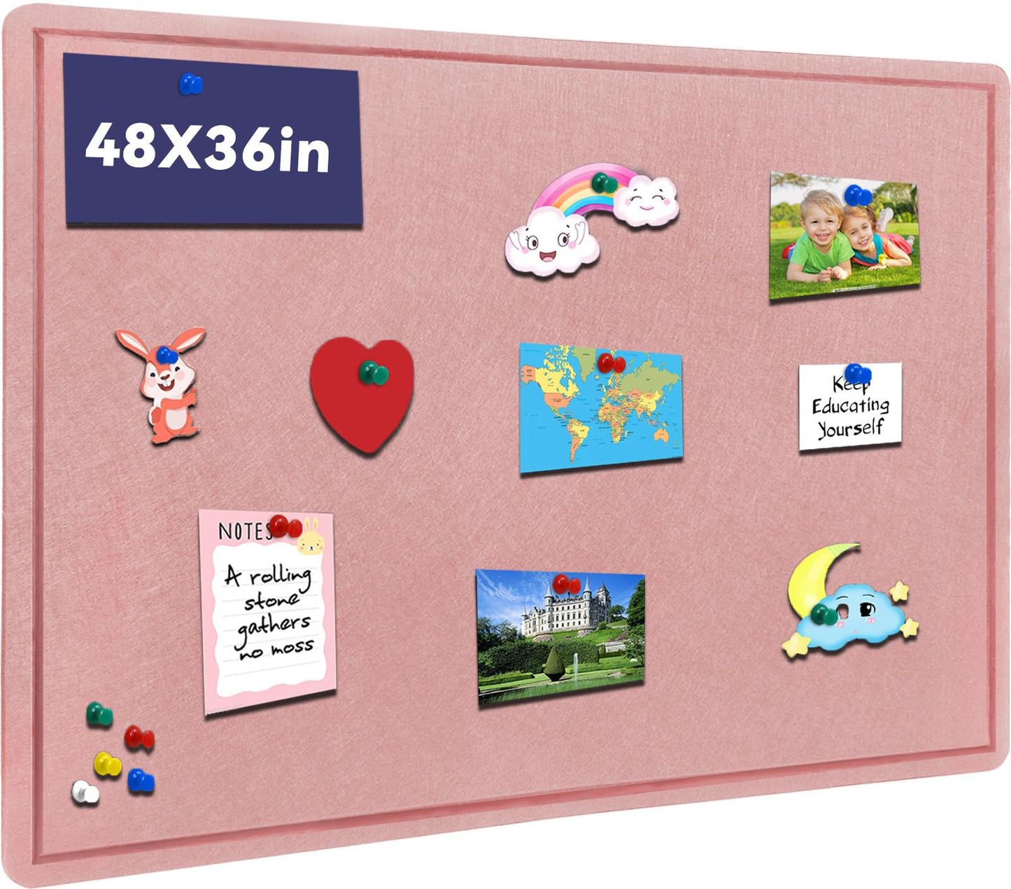 Large Bulletin Board - 48 X 36 inches Decorative Felt Pin Board - 4' x 3' Cork Board Alternative for Wall - Foldable Photo Board Self-Adhesive Vision Board Prayer Board with 30 Pushpins - Pink