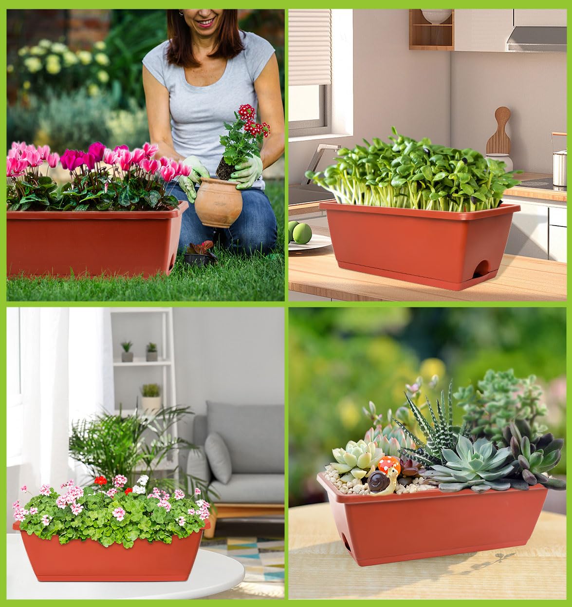 LOCONHA Window Box Planter, Plastic Vegetable Flower Planters Boxes 17 Inches Rectangular Flower Pots with Saucers for Indoor Outdoor Garden, Patio, Home Decor (7, Brick Red)