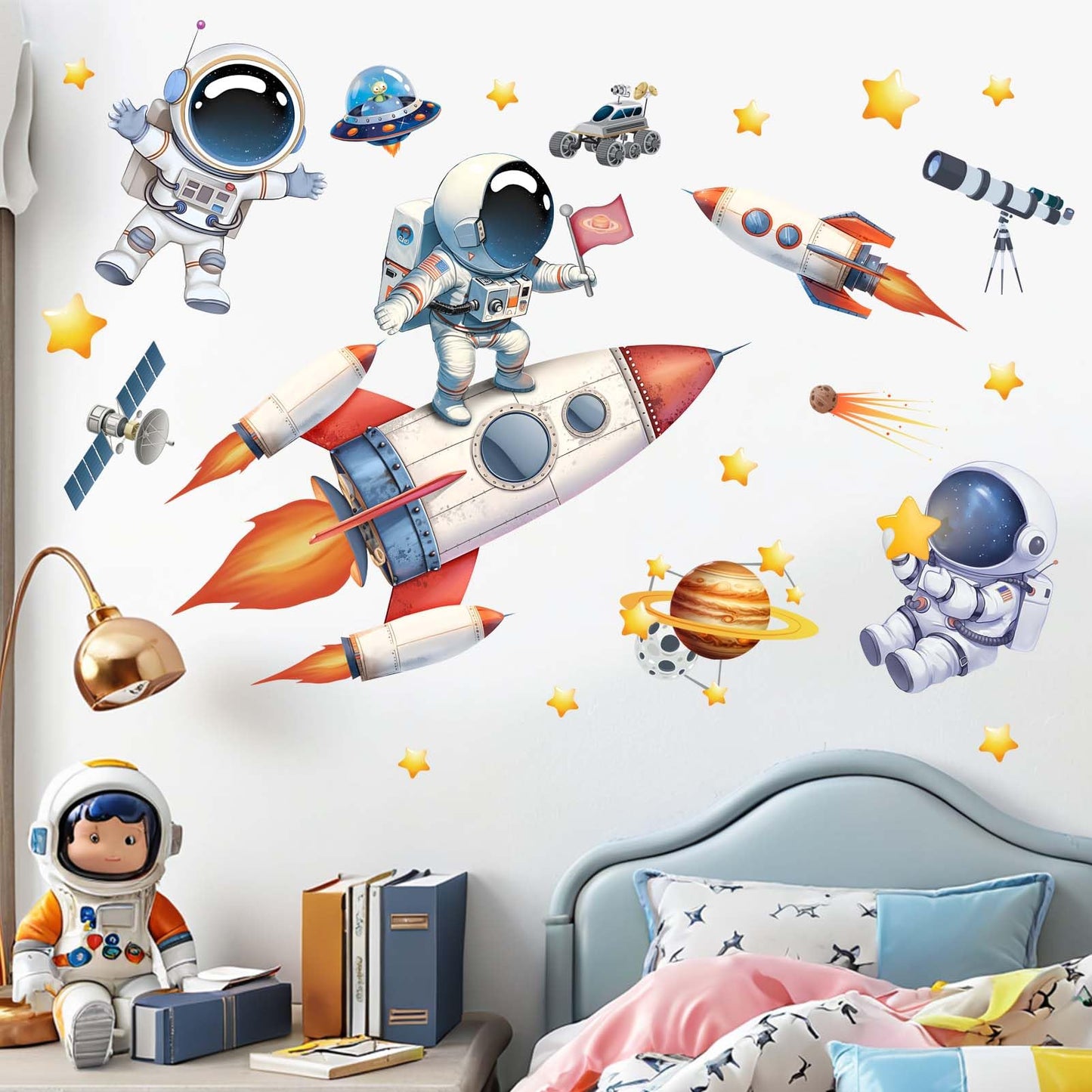 Amimagen Astronaut Wall Decals - Outer Space Planets Rocket Boys Wall Stickers - Baby Nursery Kids Room Daycare Playroom Wall Decor
