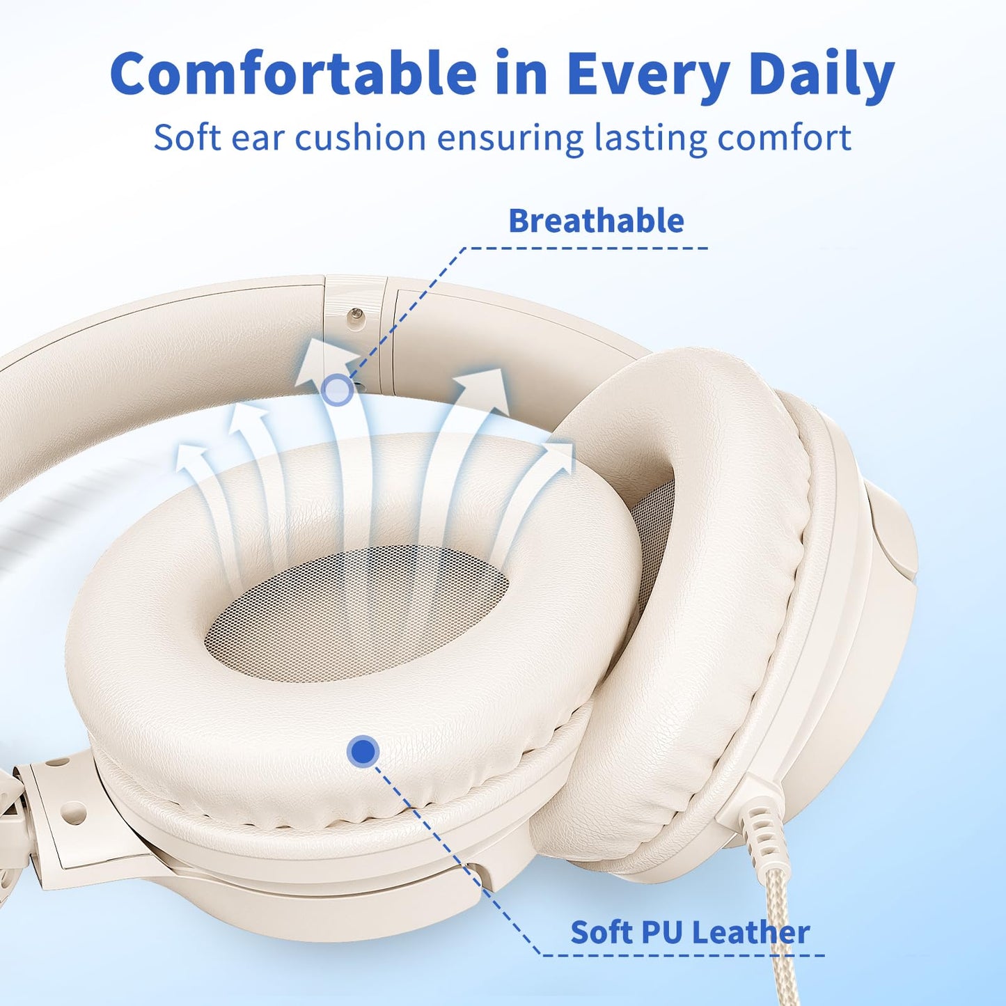 Botesty Sound Headphones Wired with Microphone, Over Ear Foldable 3.5mm Plug in Headphones Corded with 4.9ft Tangle-Free Nylon Cord for Tablet, Laptop, MP3/4, School, Airplane Travel (Beige)