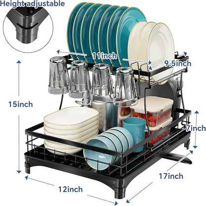 Simple Trending Dish Rack, Stainless Steel Dish Drying Rack for Kitchen Counter, Large Capacity 2-Tier Dish Drainer Organizer with Utensil Holder, Black