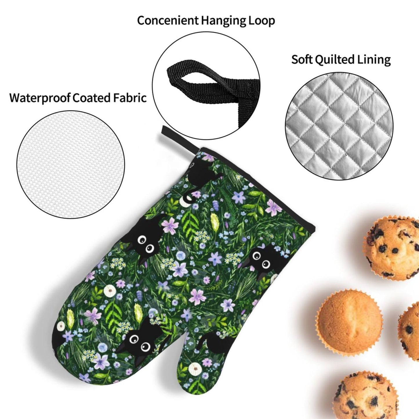 Spring Funny Black Cat Hot Pads and Oven Mitts Heat Resistant,Green Oven Gloves Pot Holders Set for Cooking Baking Grilling BBQ,Cute Cat Lover & Baking Gifts for Women